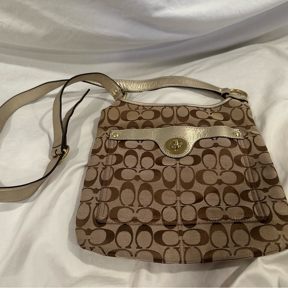 Coach Brown and Tan Crossbody Bag with Signature Pattern
